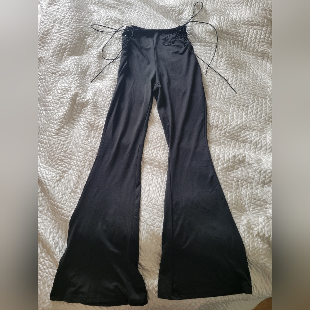 Black Lace Up Flare Pants Whimsigoth Witchy Y2K Size S - Picture 2 of 4